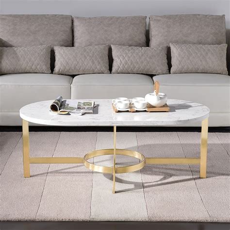Luxury Modern 41 Oval Coffee Table Marble Top With Creative Gold Tone