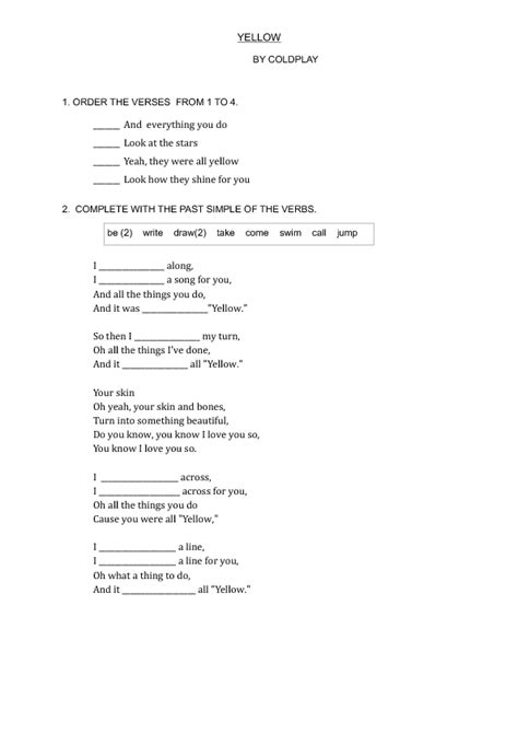 Song Worksheet Yellow By Coldplay