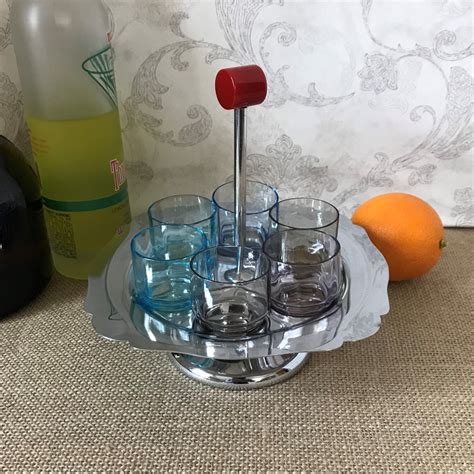 Vintage Bar Set With 6 Shot Glasses And Metal Caddy Continental Silver Co Retro Barware Mid