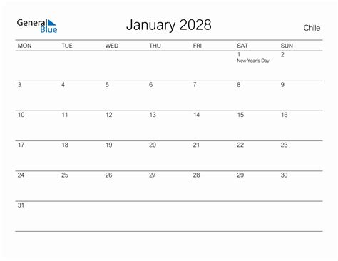 Printable January 2028 Monthly Calendar With Holidays For Chile