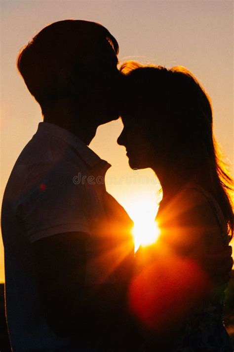 Romantic Silhouette Couple Standing And Kissing On Background Summer Meadow Sunset Stock Image
