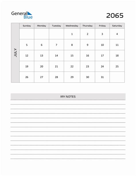 July 2065 Printable Monthly Calendar With Notes