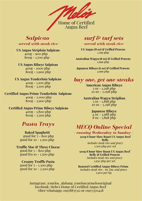 Menu At Melos Steakhouse Westgate Alabang Muntinlupa Lot 41