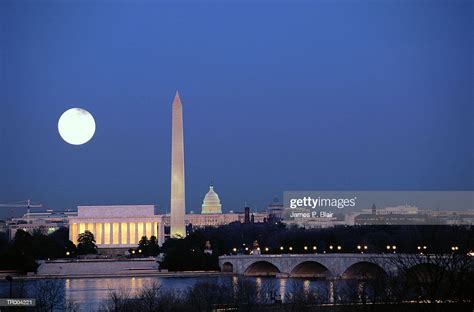 Usa Washington Dc Skyline Night With Full Moon Stock Photo Getty Images