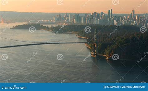 Aerial View Of Lions Gate Bridge And Stanley Park At Dawn Canada Stock