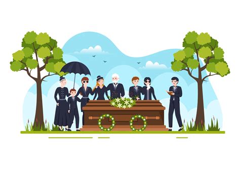 Funeral Ceremony In Grave Of Sad People In Black Clothes Standing And