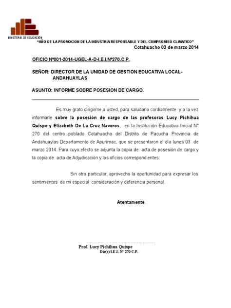 Oficio De Posesion De Cargo Educación Avanzada Crecimiento Personal