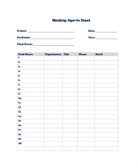 Free Printable Meeting Sign In Sheet Template Printable Templates