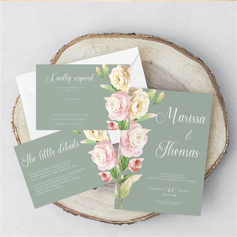 Blush Pink And Sage Wedding Invitation Template Set PSD Personalized Invitations Digital