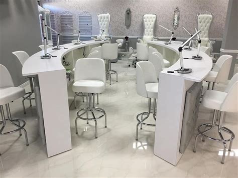 European White Leather Long Nail Salon Station Double Manicure Table