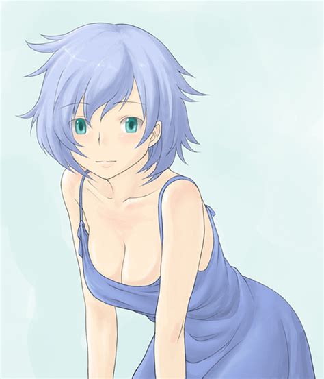Breasts Blush Short Hair Smile Blue Hair Large Breasts