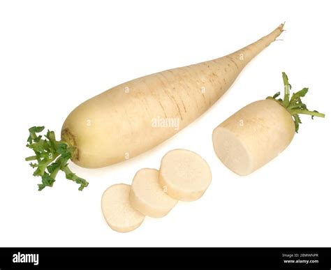 Fresh Daikon Radish With Slices Isolated On White Background Stock