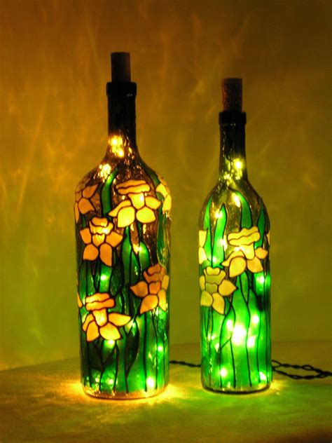Daffodils Stained Glass Bottle With Lights Bottle Painting Glass Bottle Crafts Painted Wine