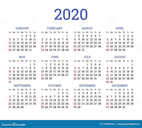Simple Classic Calendar Layout For 2020 Year Stock Vector