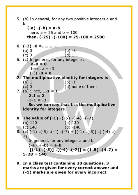 Cbse Worksheet For Class 7 Maths Chapter 1 Integers Pw