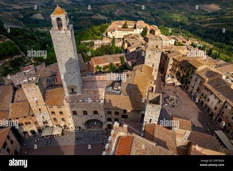 aerial view of san gimignano small walled medieval hill town from the tower of the palazzo del