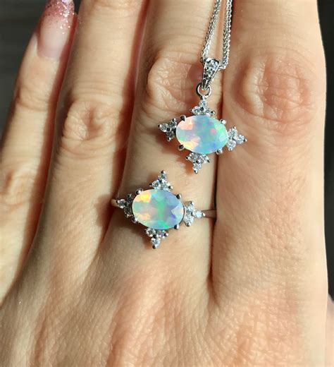 Opal Celestial Engagement White Gold Ring Opal Diamond Necklace