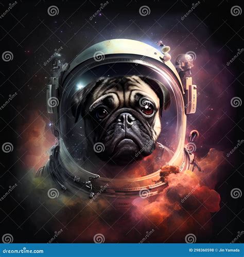 Pug Dog Astronaut In Space Helmet On Dark Background With Smoke Stock