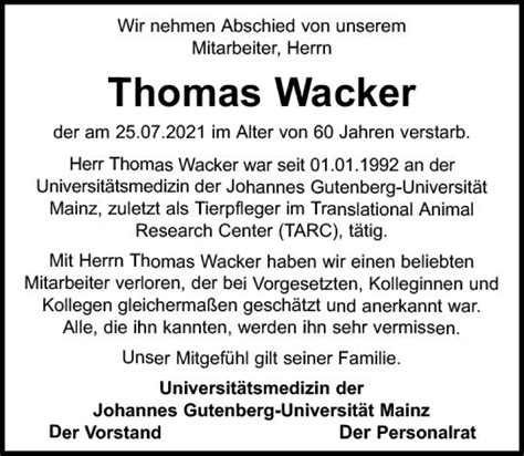Traueranzeigen Von Thomas Wacker Vrm Trauerde