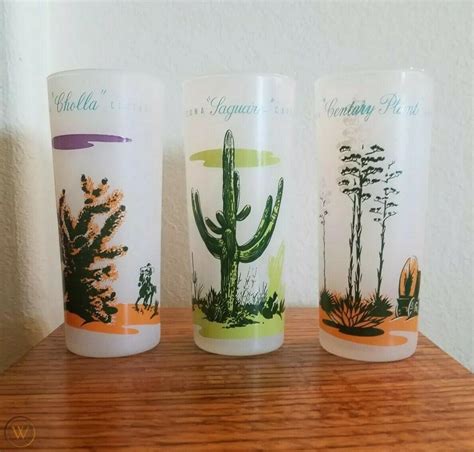25 2019 Lot Of 3 Blakely Oil Arizona Cactus Frosted Glasses Cholla Century Plant Saguaro