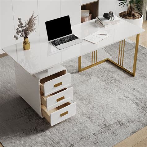 55 Modern White Office Desk With Drawers File Cabinet In Gold Base