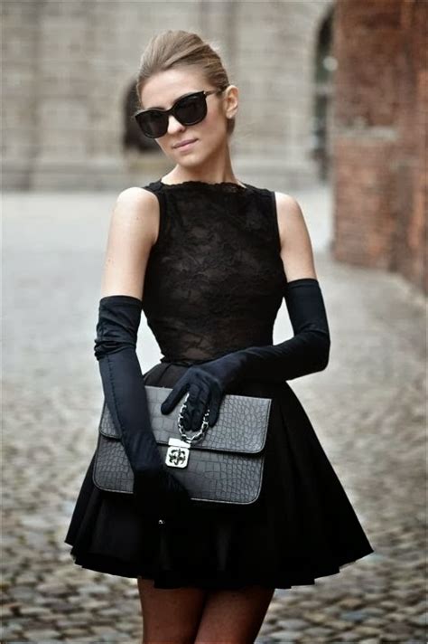 Attractive Black Mini Evening Dress With Long Gloves Glasses And