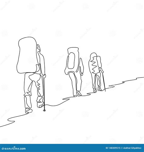 Continuous One Line Drawing Group Of Three Travelers Hiking Stock