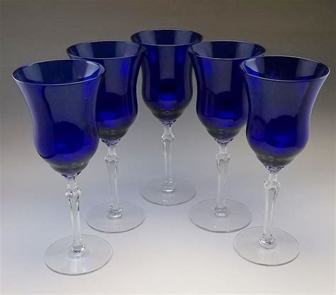 5 Cobalt Blue Louie Crystal Wine Goblet Tall Goblets Bar Glasses
