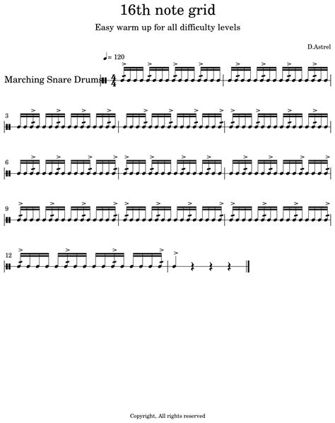 16th Note Grid Sheet Music For Marching Snare Drums