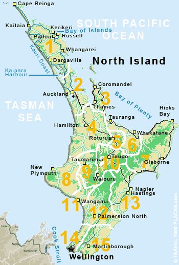 The south island is cut lengthwise by the southern alps and there are 18 more peaks which stand at over 3,000 meters above sea level. Map Of New Zealand North Island - TravelsFinders.Com