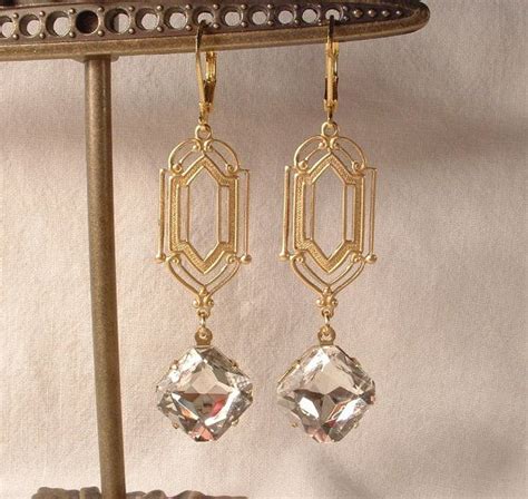 Vintage Art Deco Crystal Rhinestone Gold Plated Dangle Earrings Flapper