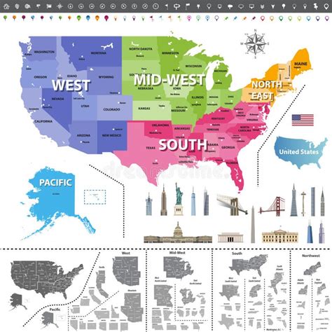 mapa de los estados unidos de américa coloreado por regiones ilustración del vector