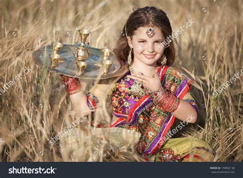 Happy Little Indian Girl Outdoors Traditional Stock Photo