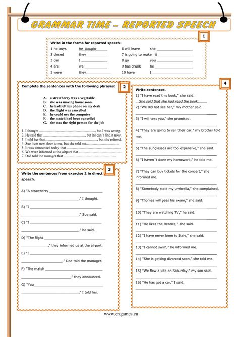 Reported Speech Esl Grammar Exercises Worksheet Reported Speech Grammar Exercises English