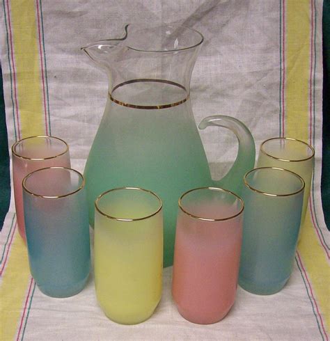 Vintage Mid Century West Virginia Blendo Frosted Glass Gold Trim Jadeite Mint Green Pitcher And