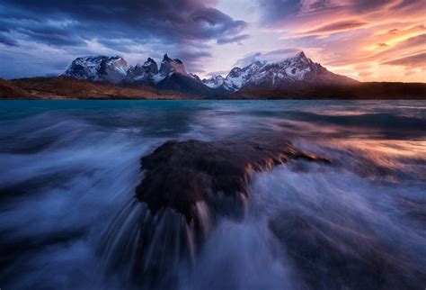 Sunset Mountain Torres Del Paine Lake Snowy Peak Clouds Waterfall