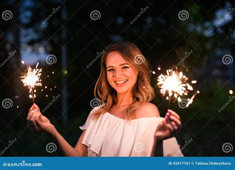 Girl With Sparkler Stock Image Image Of Pyrotechnics 92417161