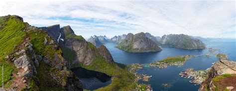 Aerial Panoramic View On Stunning Mountains And Village Of Reine In