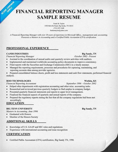 financial reporting manager resume sample manager resume