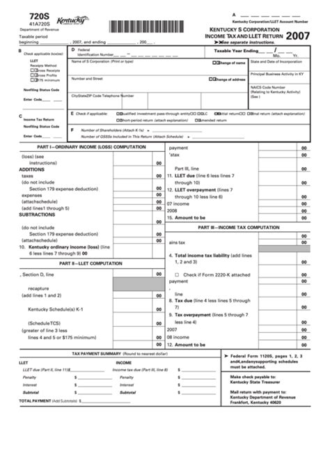 Form 720s Kentucky S Corporation Income Tax And Llet Return 2007