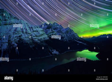 Star Trails And Northern Lights Over Peyto Lake Banff National Park