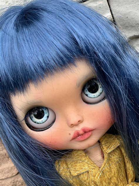 Custom Blythe Doll With Long Blue Hair Ooak Doll In Vintage Coat As A