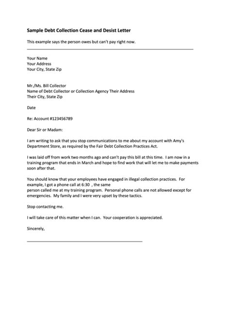 sample debt collection cease  desist letter printable