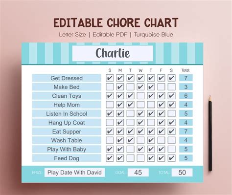 Blue Kids Chore Chart Routine System Editable Pdf Template For Children