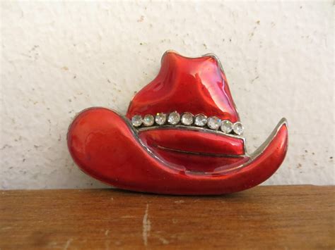 Vintage Red Cowboy Hat Pin Jewelry Rhinestones Enamel Brooch Etsy