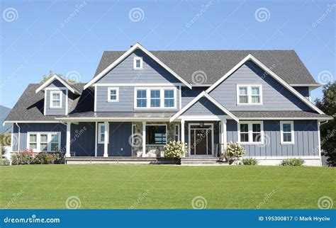 Blue Country Farmhouse Style Home House Exterior Details Stock Image