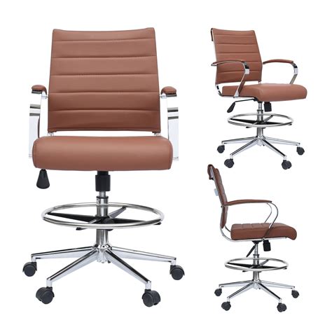 Homelala Brown Office Drafting Chair Ribbed Padded Open Mid Back With