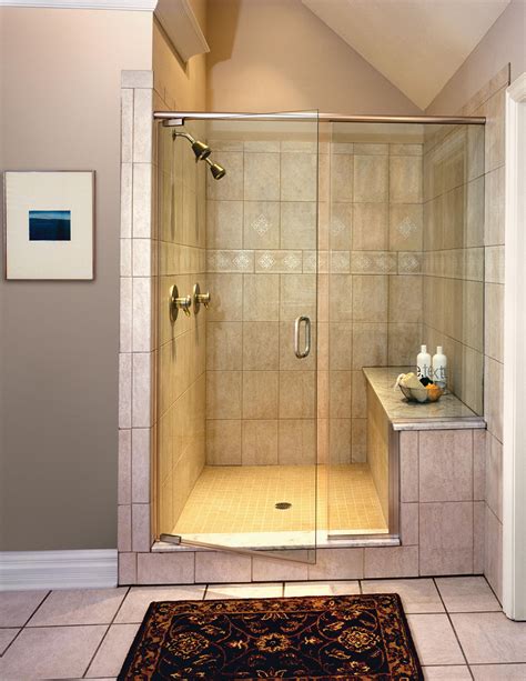 Pivoting door in chrome and privacy glass in mistelite finish, can be installed left or right. Cheap walk in shower kits with glass shower door and rain shower for small bathroom design lowes ...