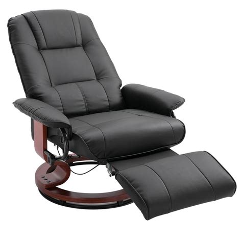 The Reclining Chair And Ottoman Is Shown In Black Leather With Wood Trimmings