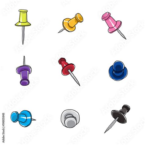 Set Of Push Pins Art Hadn Drawn Cute Illustration Stock Photo And